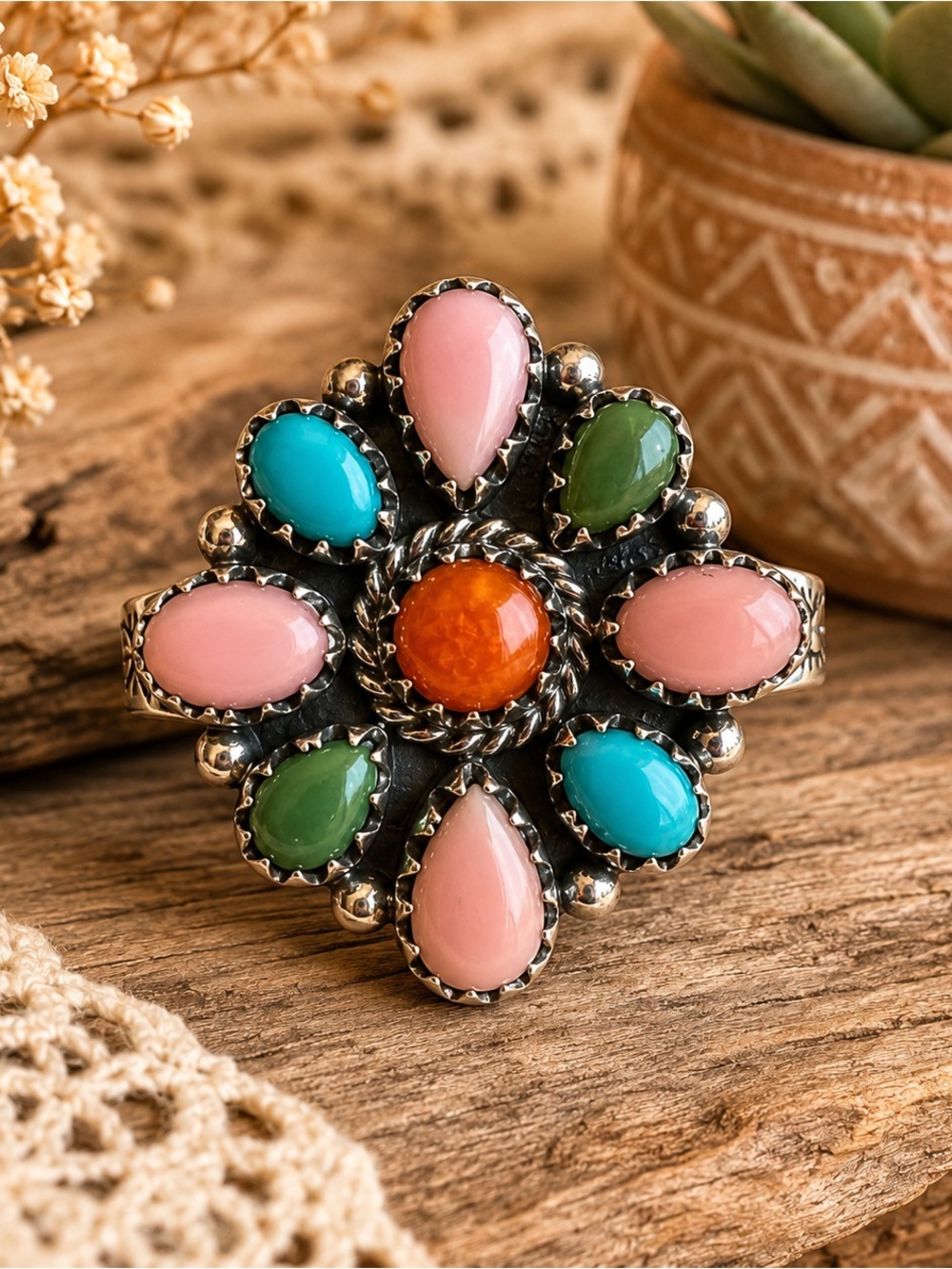 Multicolor Southwestern Statement Ring — Pink, Turquoise, Green & Orange